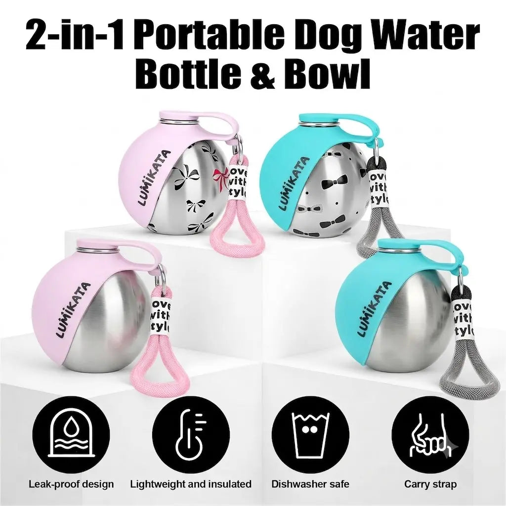 Lumikata 2-In-1 Portable Dog Water Bottle & Foldable Bowl - Leak-Proof Stainless Steel for Small Dogs - Ideal for Walks & Feedings!