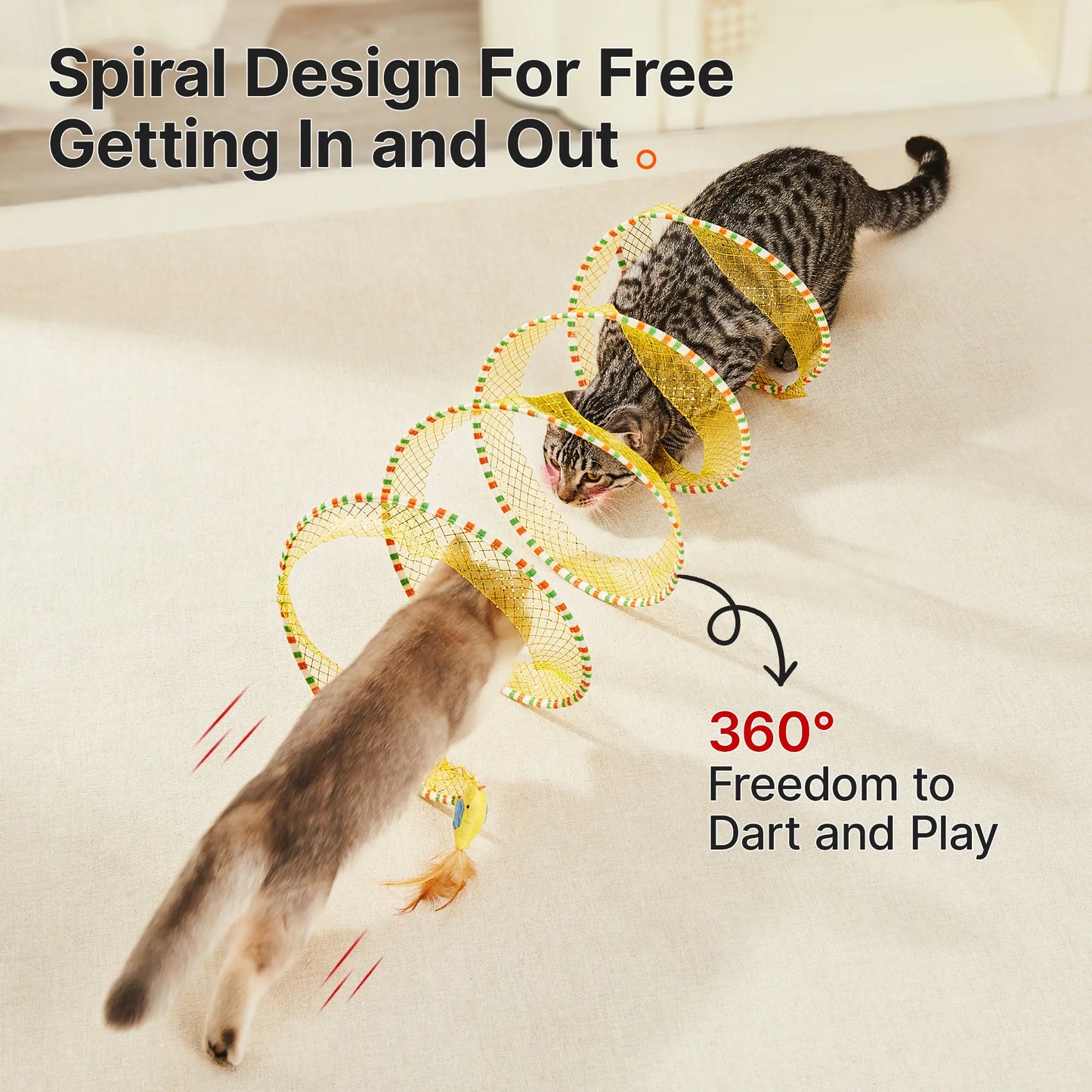 Collapsible Spiral Cat Tunnel Toy with Feather & Bell – Fun Indoor Play for Kittens & Cats, 20 Inches