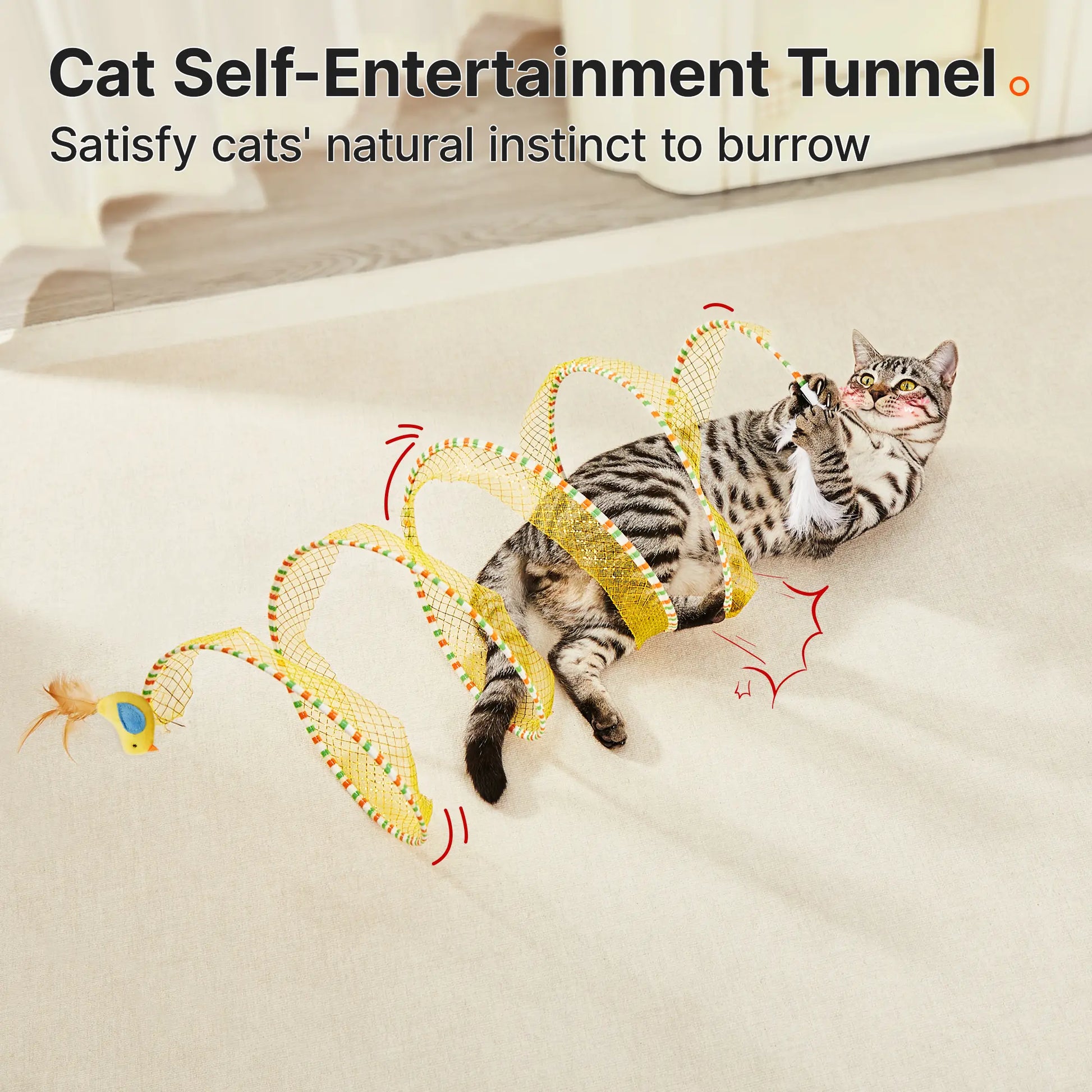 Collapsible Spiral Cat Tunnel Toy with Feather & Bell – Fun Indoor Play for Kittens & Cats, 20 Inches